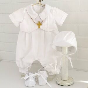 Infant Baby Boy White 3-Piece Classic Christening Baptism Outfit Size 3-6 Months
